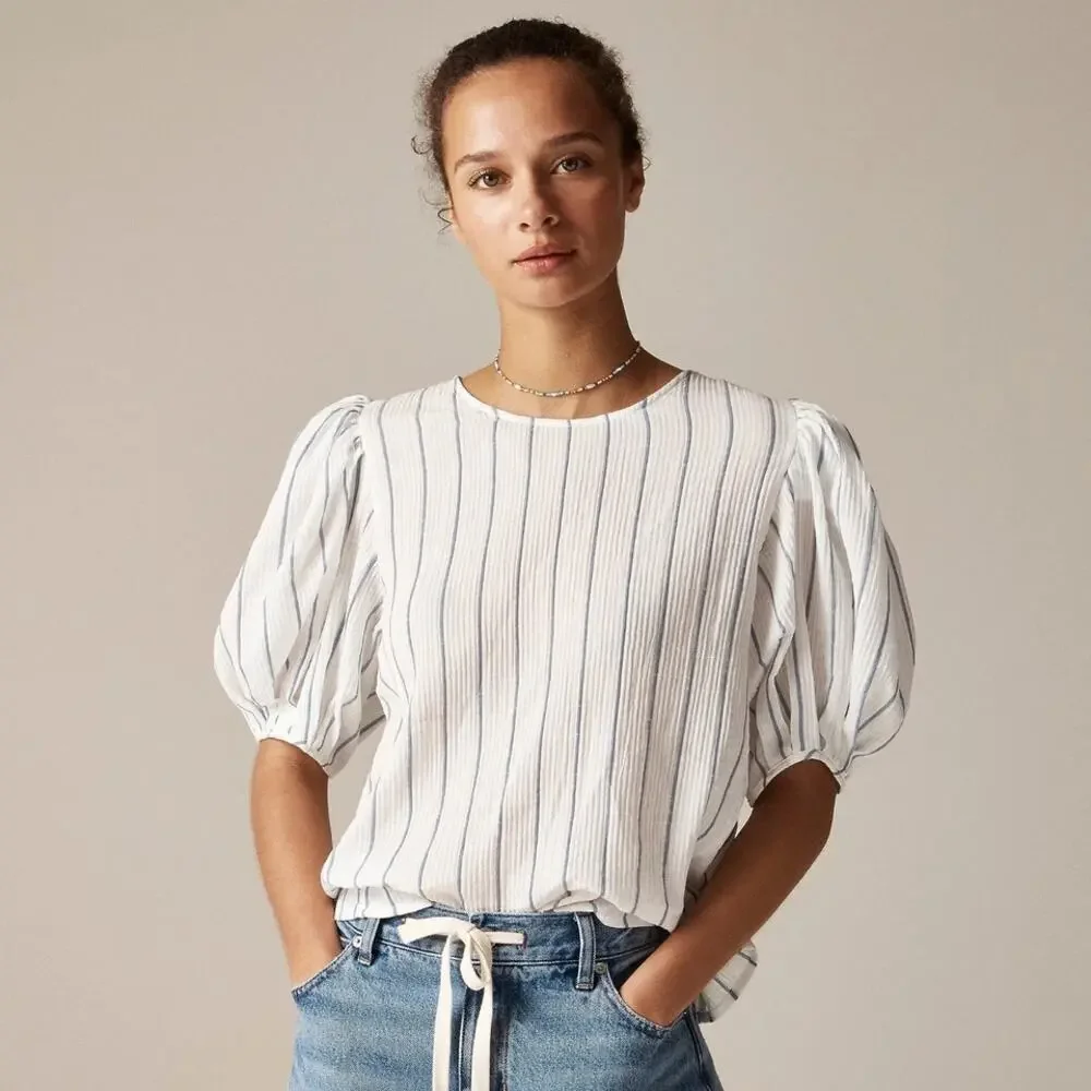 J.Crew Women's Blue White Stripe Puff-Sleeve Top In Sheer Gauze Size M NWT